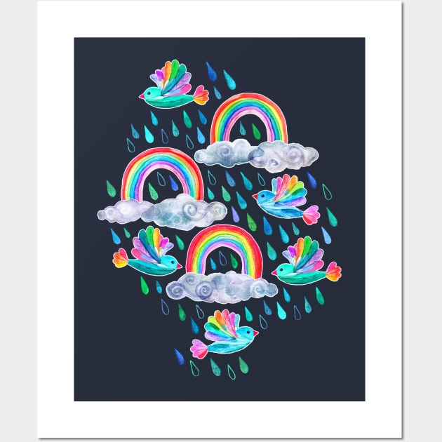 Spring Showers and Rainbow Birds on Navy Blue Wall Art by micklyn